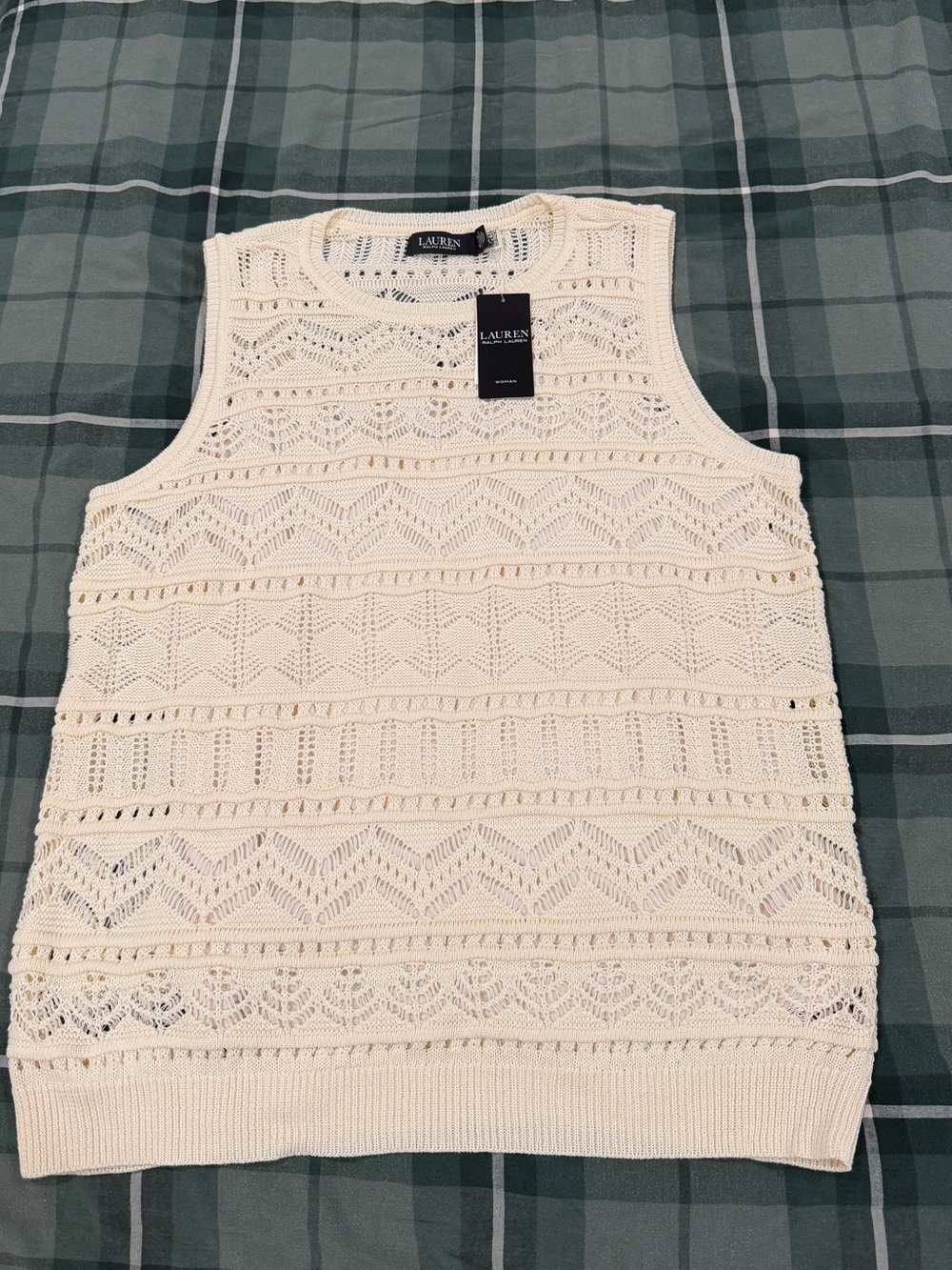 Lauren Ralph Lauren Cream Crocheted Crewneck Sweater Vest
